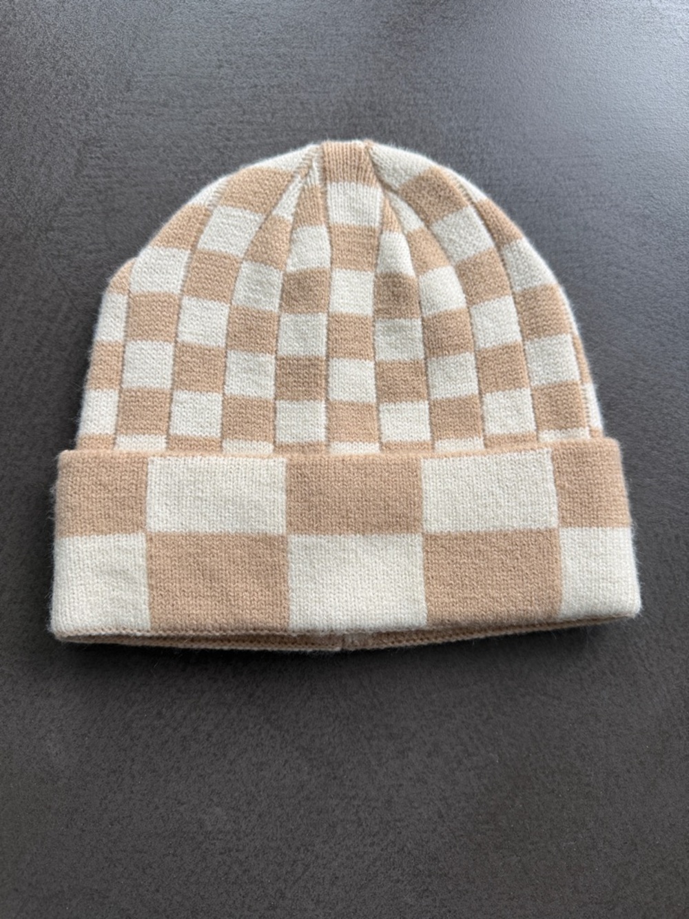 Checkerboard Beanie in Cream and Tan